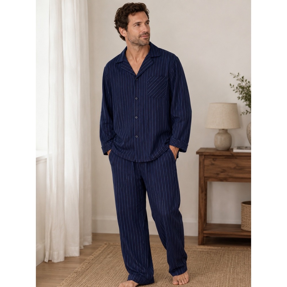 ROUNDTREE & YORKE Pajama Set Men 2XT Blue Portuguese Flannel Pinstripe‎ New NWT